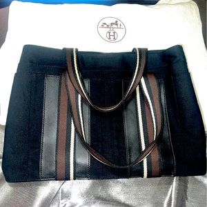 Hermes Troca Horizontal Tote Bag Canvas Black With Brown